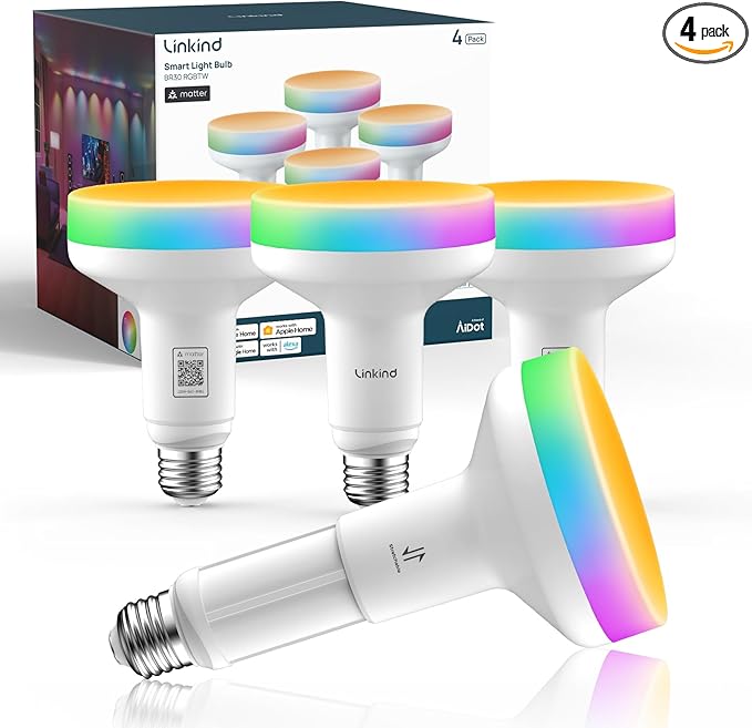 Linkind Matter BR30 Smart Light Bulbs with Stretchable Design & 4-Zone Aurascape Color, 850LM Recessed Smart Flood Light Bulb, Works with Alexa/Apple Home/Google Home, Music Sync Light Show, 4 Pack