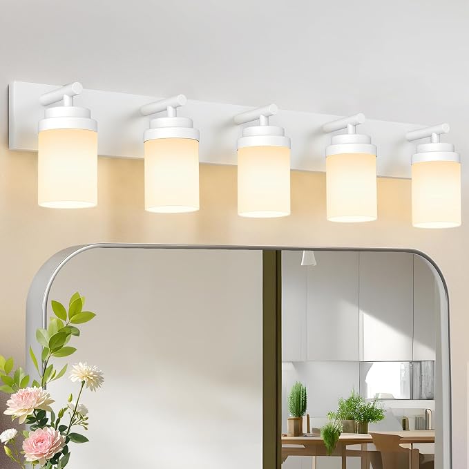 IZORRO Bathroom Vanity Light Fixture, 5-Light 36 Inch White Bathroom Light Fixtures Over Mirror, with White Glass Shade, Modern Farmhouse Vanity Lights, Rustic Restroom Lighting Fixtures