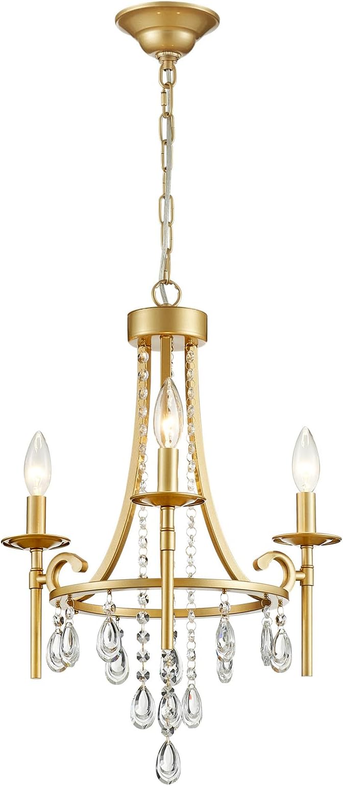 Small Crystal Chandelier, 3-Lights Modern Crystal Chandeliers for Dinning Room, Wagon Wheel Gold Chandelier, Farmhouse Hanging Pendant Light Fixture for Bedroom Hallway Entryway Bar Kitchen Bathroom