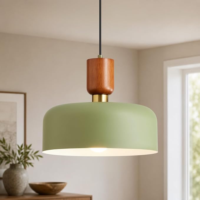 Modern Metal Green Pendant Light: 12" Chandelier Over Kitchen Island Sink | Wood Brushed Brass Mid Century Hanging Ceiling Light, Vintage Farmhouse Fixture for Dining Room Bedroom Hallway Entryway