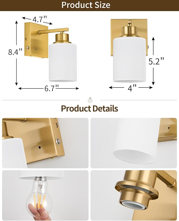 Wall Sconces Battery Operated Set of Two, Modern, White Glass, Gold | Dimmable, Easy Install Rechargeable Wall Lights with Timer Remote for Living Room Bedroom, Emergency 3000K