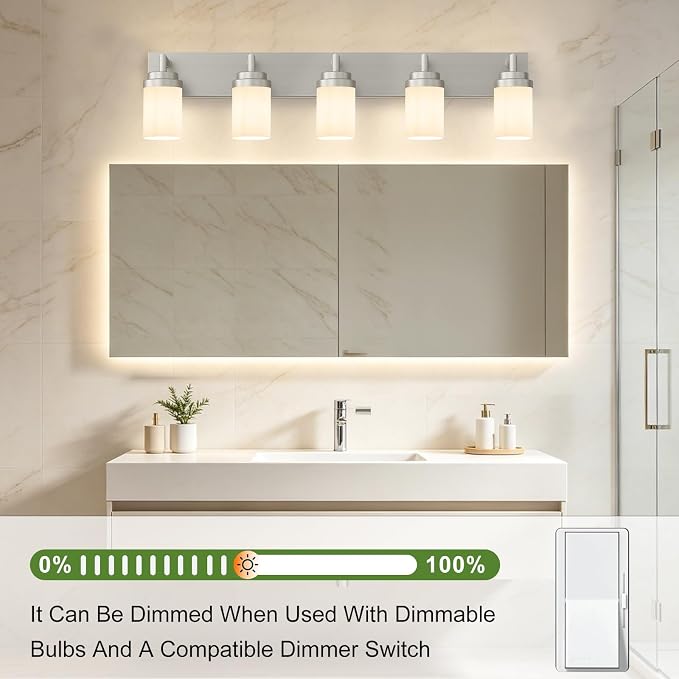 Bathroom Light Fixtures, Brushed Nickel Bathroom Lighting Fixtures Over Mirror, Modern Vanity Light with White Glass Shade, Restroom Lighting Fixtures, 5-Light 36-inch