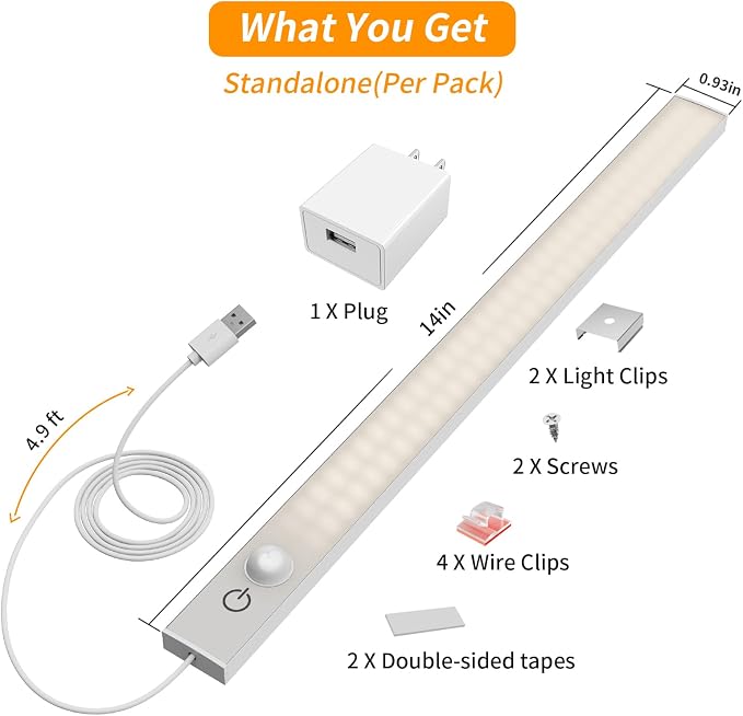 USB Plug-in Motion Sensor Light, Night/Day/ON Modes, Bright&Dimmable | 2-Row LED, 14" Under Cabinet Lighting Indoor for Kitchen, Cabinet, Closet - 4000K Neutral White, 1-Bar
