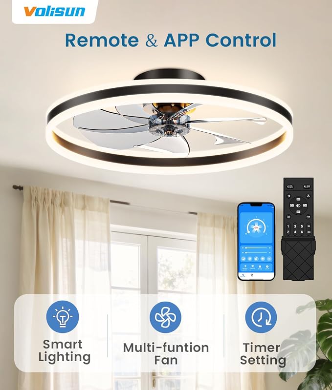 VOLISUN Low Profile Ceiling Fans with Lights and Remote, 27.6in Flush Mount Ceiling Fans with Light, 3000K-6500K Dimmable Fandelier LED Fan Light, Black Bladeless Ceiling Fans with Lights for Bedroom