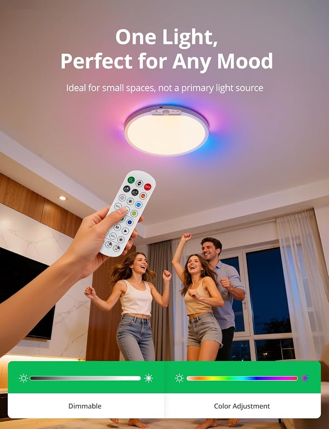 Bojim 10000mAh Battery Operated Ceiling Light with Remote RGB Backlight | Magnetic Battery Operated IP44 Waterproof Dimmable & 3CCT Remote No Wiring for Closet Pantry Garage