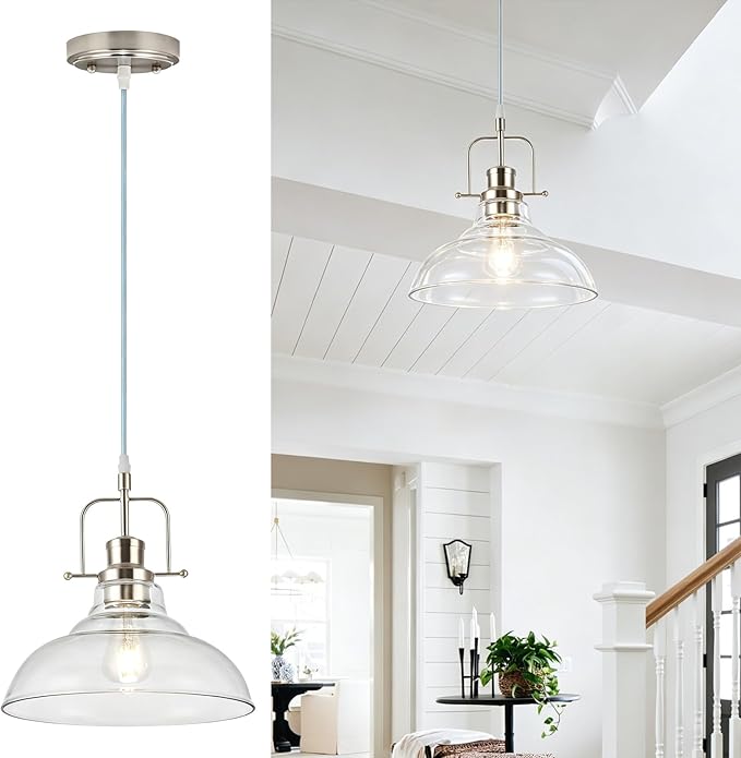 WILON Clear Glass Modern Pendant Light for Kitchen, Brushed Nickel | 11'' Clear Glass Shade, Adjustable Height, E26 Ceramic Socket, 60W MAX, Modern Style for Dining Room Kitchen Over Sink