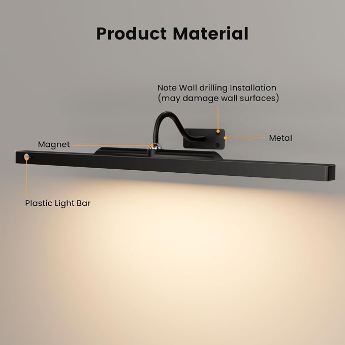 Wireless Picture Light for Wall with Motion Sensor, 24 Inch, Black, 1 Pack | 6000mAh Battery, Cordless, Magnetic Detachable Bar, Rechargeable, Remote Control, 3CCT Dimmable, for Artworks/Photos