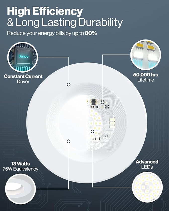 Sunco 12 Pack Retrofit LED Recessed Lighting 6 Inch, Downlight Can Lights for Ceiling, Baffle Trim, 965 LM, 13W (120W Equivalent), 3000K Warm White, Dimmable, Damp Rated UL