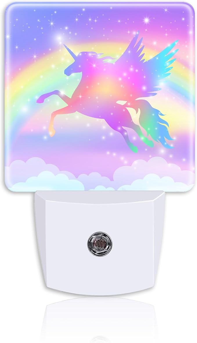 Rainbow with Winged Unicorn Night Light for Kids Girls Boys,Fantasy Stars Clouds LED Night Light Plug into Wall with Dusk to Dawn Sensor for Room Decor,Hallway,Kitchen,Bathroom,Nursery,Stairs