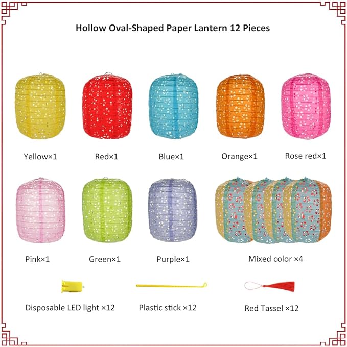 12Pack Paper Lanterns Chinese Japanese Hanging Paper Lanterns with LED Lights Sticks Tassels 6.3Inch Oval for Chinese Lunar New Year Decorations 2026 Spring Festival Valentines Wedding Party Decor