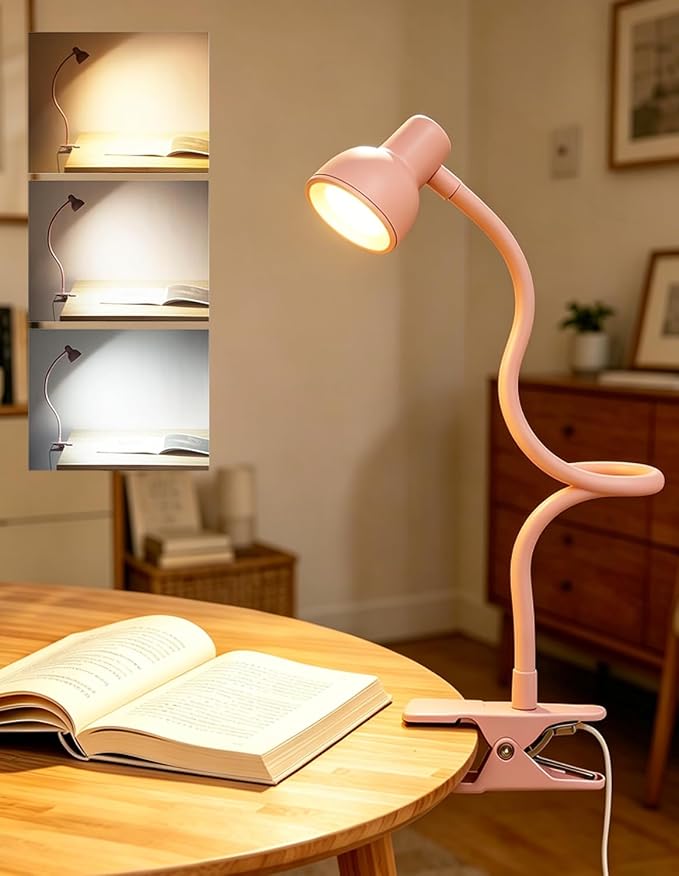 Pink Small Desk Lamp Clip on Reading Light for Bed 3 Colors | 10 Brightness Dimmable Flexible Gooseneck Clip on Light for Bed Headboard College Dorm Room
