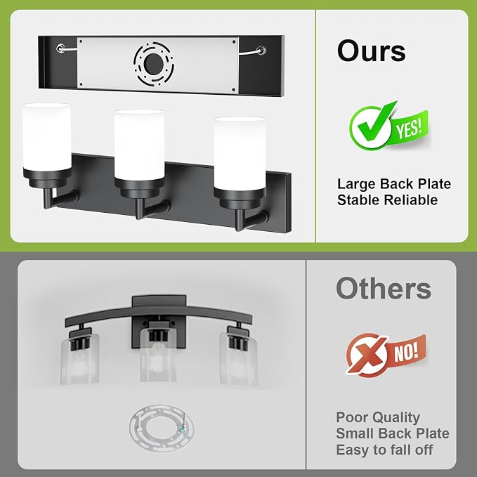 Bathroom Light Fixtures, Matte Black Bathroom Lighting Fixtures Over Mirror, Modern Vanity Light with White Glass Shade, Restroom Lighting Fixtures, 3-Light 22-inch