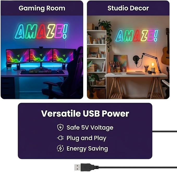AMAZE! Neon Sign, Rainbow LED, Multi-Color, 16.5x5.4"IN | Classroom Neon Sign ,USB Powered, Gamer Room Decor, Sci-Fi Fan Decor, Wall Art