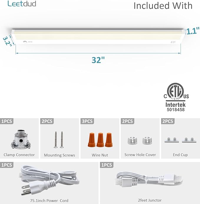 Under Cabinet Lighting Plug in or Hardwired Built-in Dimmer, 32 Inch 16W, 5CCT 2700/3000/3500/4000/5000K, Linkable Counter Lights for Kitchen, ETL Dimmable LED Light Fixture, White