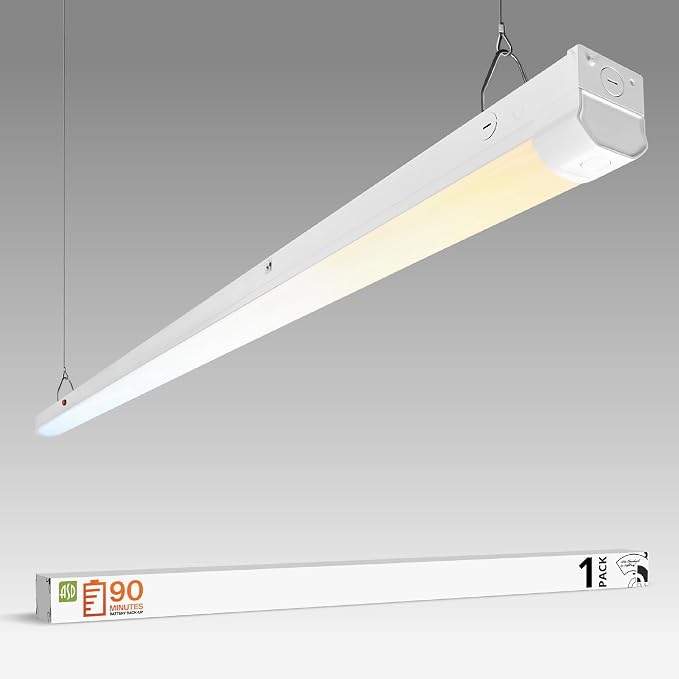 ASD 8ft LED Linear Strip Light Fixture with Emergency Battery Backup & Q-Base | UL DLC 55W-80W 120-277V Linkable LED Shop Light | 3500K-5000K Adjustable Commercial Ceiling Lighting