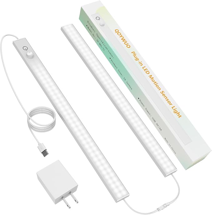 USB Plug-in Motion Sensor Light, Night/Day/ON Modes, Bright&Dimmable | 2-Row LED, 14" Under Cabinet Lighting Indoor for Kitchen, Cabinet, Closet - 6000K Cool White, 2-Bar Linkable