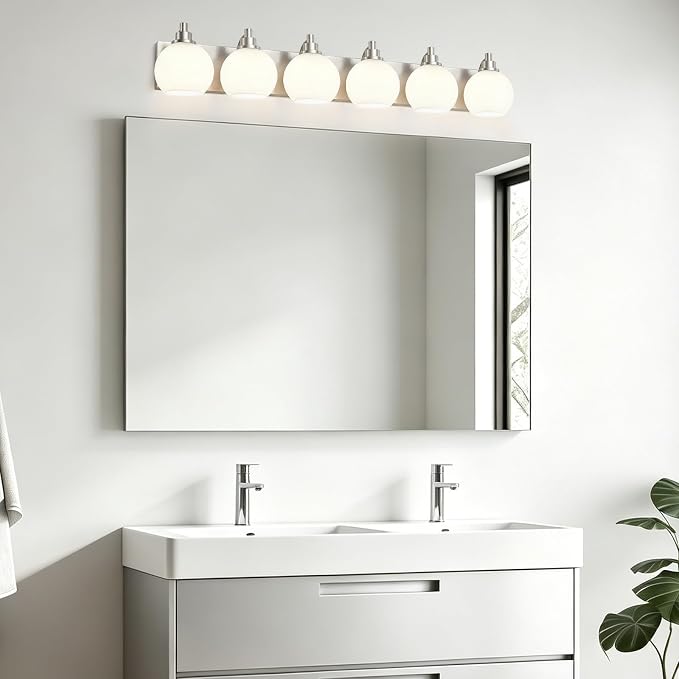 IZORRO Bathroom Light Fixtures, 6-Light Brushed Nickel Vanity Light, Modern Wall Sconces with Globe Milk White Glass Shade, Vanity Lighting Fixtures Over Mirror,E26 Bulb Socket