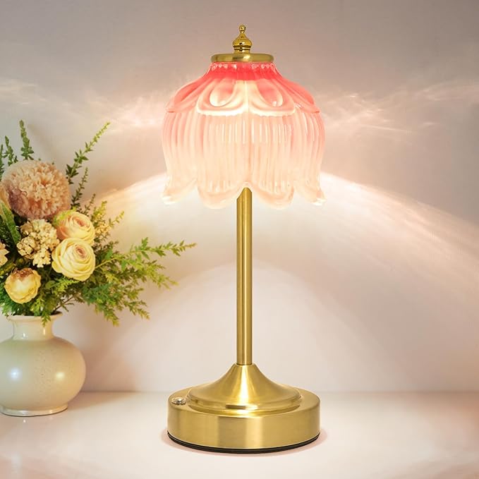 Cordless Table Lamp, Rechargeable Blush Pink Glass Lotus Flower Lamp | 5200mAh touch lamp with 3 color modes and stepless dimming, battery operated lamp for nightstands and kitchen counters
