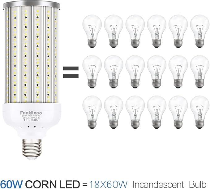 FanNicoo 2 Pack 500W Equivalent LED Corn Light Bulb 5500 Lumen 6500K 60W Large Area Cool Daylight White E26/E27 Medium Base for Outdoor Indoor Garage Warehouse Factory Workshop Street Backyard