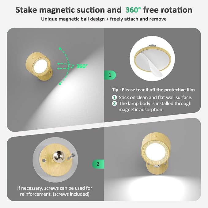 Racokky LED Wall Mounted Lights 3 Pcs with Remote, Wall Sconces Lamp 3000mAh Rechargeable Battery Operated, 3 Color Temperatures & Dimmable Magnetic 360° Rotation Cordless Light for Bedroom Reading