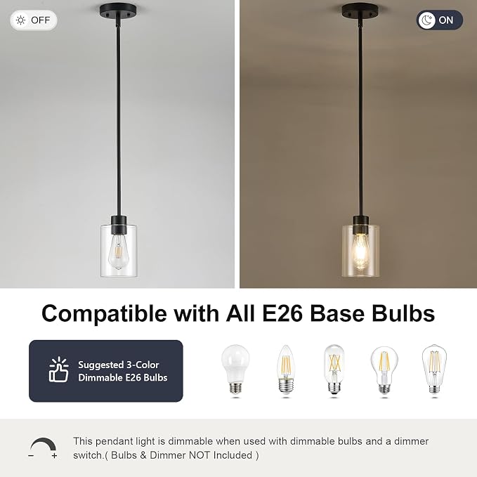 Modern Farmhouse Black Pendant Lights, Mini Hanging Light Fixture with Clear Glass Shade, Adjustable Rods for Kitchen Island, Sink, Bar (2 Pack)