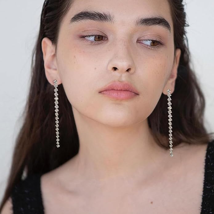 Luxval Rhinestone Earrings Dangling for Women Sparkly Silver Dangle Earrings Girls Long Chandelier Earrings Tassel Lightweight Ear Studs Cubic Zirconia Crystal Statement