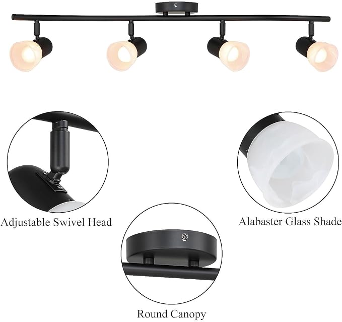 XiNBEi Lighting Black Track Lighting Kit with Glass for Bathroom, 4 Light | Curved Ceiling Spot Light, E26, S-Shaped Bar, Adjustable Head, Ceiling Light Fixture, For Kitchen Sink & Bathroom Hallway