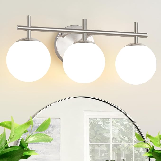 3-Light Bathroom Light Fixtures with Milky White Glass, Brushed Nickel | 19.3 inch Vanity Lights for Bathroom, Bathroom Lighting Fixtures Over Mirror, Wall Sconce, Fits E12 bulbs(Bulb Not Included)
