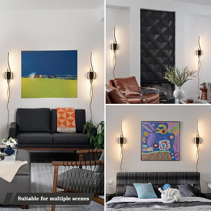 Plug in Wall Sconces Set of 2, Modern Plug in Sconce with Remote, Dimmable LED Wall Light, Wall Lamps with Plug in Cord for TV Wall Sconces, Black Sconce Lighting for Living Room, Hallway, Bedroom