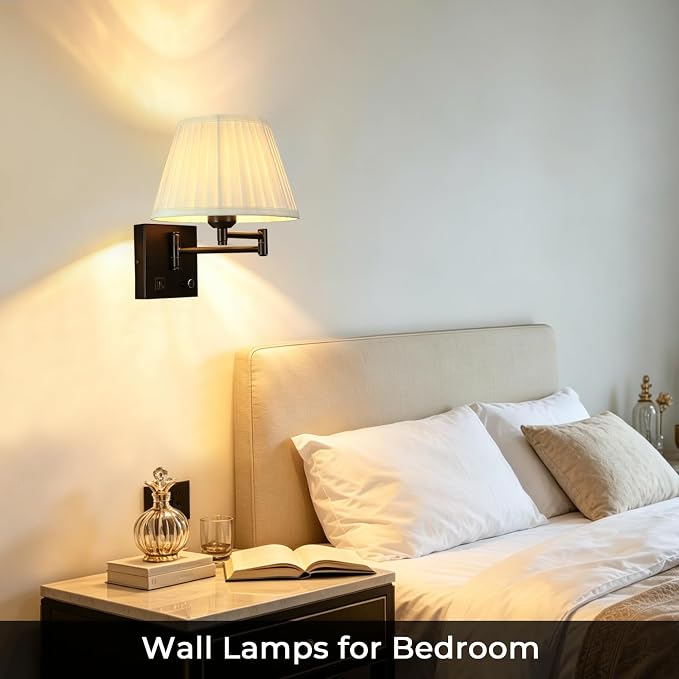 Wall Lamps for Living Room Bedroom Reading Light, Bulb Included | Wall Sconce with USB C+A Charging Ports, Adjustable Swing Arm 270°, Adjustable Color Temperature, White Fabric Cone lampshade