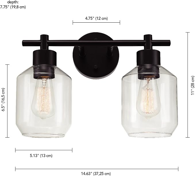 Globe Electric 3-Piece Powder Room Set, Matte Black, 2-Light Vanity with Clear Glass Shades and Matching Hardware, 51850