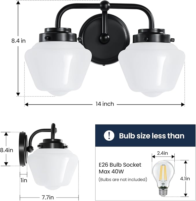 RUIYEY Bathroom Vanity Light Fixtures: 2-Light Black Bathroom Lighting Fixtures Over Mirror with Milky White Frosted Glass Shade, Farmhouse Modern Wall Light for Bath