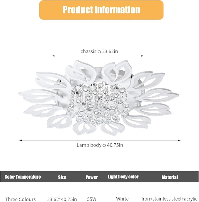 Garwarm 40.7 Inch Modern Crystal Flower LED Ceiling Light with Remote,White | Low-Profile Dimmable Flush Mount Chandelier with Memory for Large Living Room, Bedroom, Dining Room, Kitchen and Office