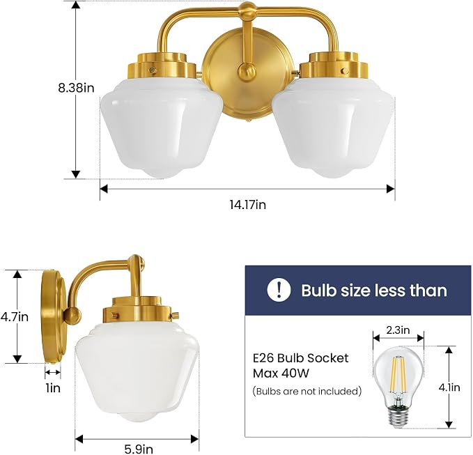 RUIYEY Bathroom Vanity Light Fixtures: 2-Lights Gold Bathroom Lighting Fixtures Over Mirror, Mid-Century Modern Wall Sconces with Frosted Milky Glass for Kitchen Bedroom Hallway