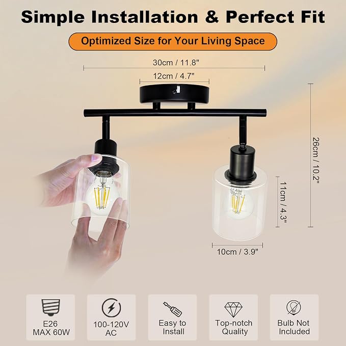 HiBay 2-Light Track Lighting Fixture Black, Glass Ceiling Wall Spotlight | Rotatable 2 Heads with Glass Shades, Modern Farmhouse Industrial, for Bedroom, Kitchen Sink, Loft, E26 Base