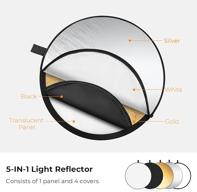 K&F CONCEPT 5-in-1 Light Reflector 32"(80cm) Photography Diffuser Collapsible Portable for Studio and Outdoor Lighting Gold Silver White Black Translucent