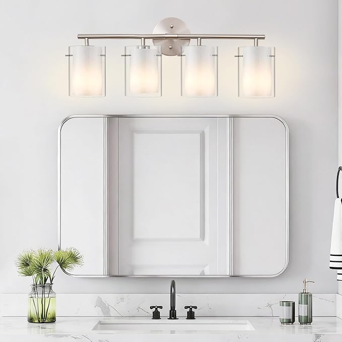 Brushed Nickel Bathroom Light Fixtures Over Mirror, 4-Light 26-Inch Vanity Lights with Dual Glass Shades, Eye-Friendly Modern Vanity Lights for Bathroom Bedroom Living Room Hallway