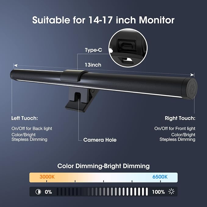 Monitor Light Bar,OOWOLF Screen Light Bar for Laptop,Keyboard light,CRI≥95 Desk Lamp for Eye-Caring,No Glare,Dual Light,Filter Blue-Light,3-Color Mode,Memory Dimming,Computer Lamp for Desk/Office/Home