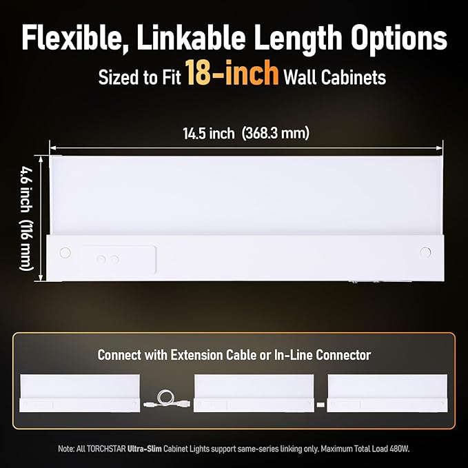 TORCHSTAR 2-Pack Ultra-Slim LED Under Cabinet Lighting Fits 18" Cabinets | 5CCT, Hardwired & Plug-in, 12W 900LM, 120V CRI90 Linkable Dimmable Thin Under Counter Lights for Kitchen, ETL T24, White