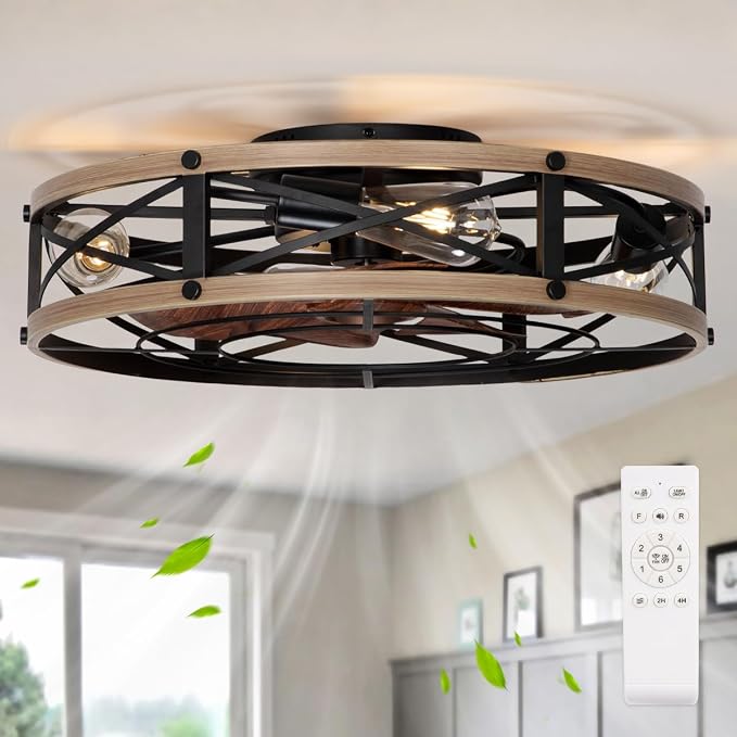 SHLUCE 22" Low Profile Caged Ceiling Fan with Light, Farmhouse Flush Mount Bladeless Ceiling Fans with Lights and Remote, Rustic Fandelier Ceiling Fan with Light for Kitchen, Bedroom - ETL