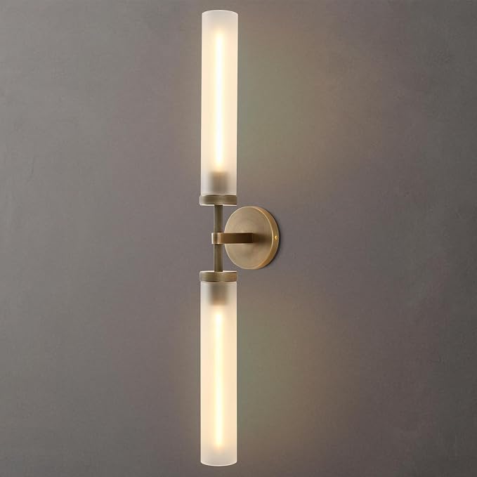 30" 2 Lights Hardwired Frosted Glass Bathroom Wall Sconces, Handmade Knurled Brass Wall Light Fixture,Modern Vanity Light for Living Room,Hallway, Bedroom, Indoor Wall Lamp, Bulb Included