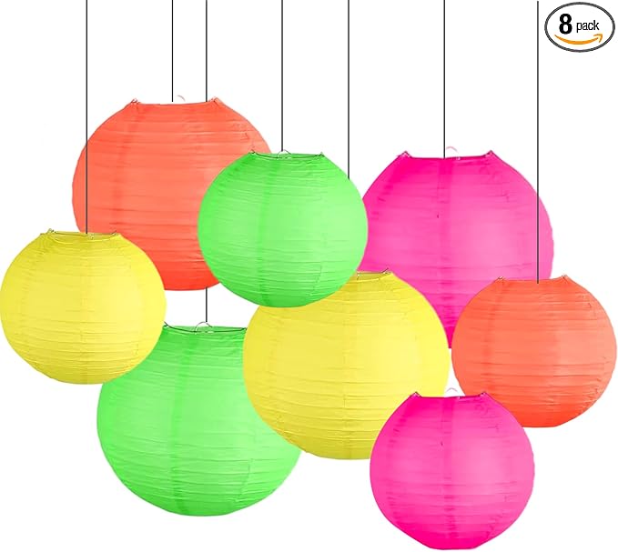 ZOOYOO Neon Paper Lanterns, 8 Pcs Hanging Glow Party Decorations,Fluorescent Round Lanterns for Blacklight Party, Birthday, Wedding and Home Decor, 8 and 10 Inch