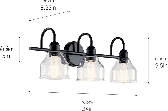 Kichler Avery 24" 3-Light Bathroom Vanity Light in Black with Clear Seeded Glass for Bathroom and Powder Room Vanity, Industrial Styling, (24" W x 9.5" H x 8.25" Ext.), 45973BK