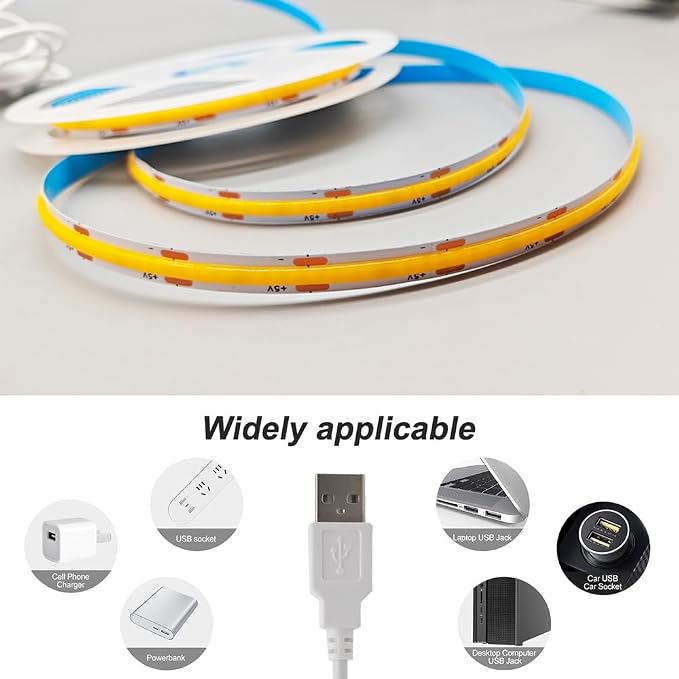 ZSLAIFU COB LED Strip Lights White 6.56ft, 5V Dimmable LED Light Strip, Flexible USB LED Lights for TV, TV Backlighting, Bedroom, Kitchen, Home DIY Lighting