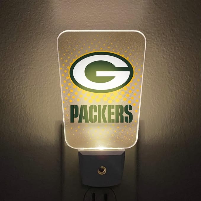 Party Animal NFL Team LED Night Light, with Auto Sensor and 3 Light Settings, Slim 5-Inch Design fits Standard Outlets, Green Bay Packers