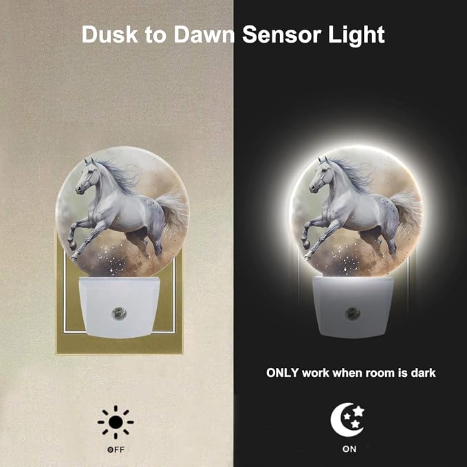 EKOBLA Running Horse Night Light, White Horse Night Lights Plug Into Wall with Dusk to Dawn Light Sensors, Warm Nightlights for Bedroom, Bathroom, Hallway, Kitchen
