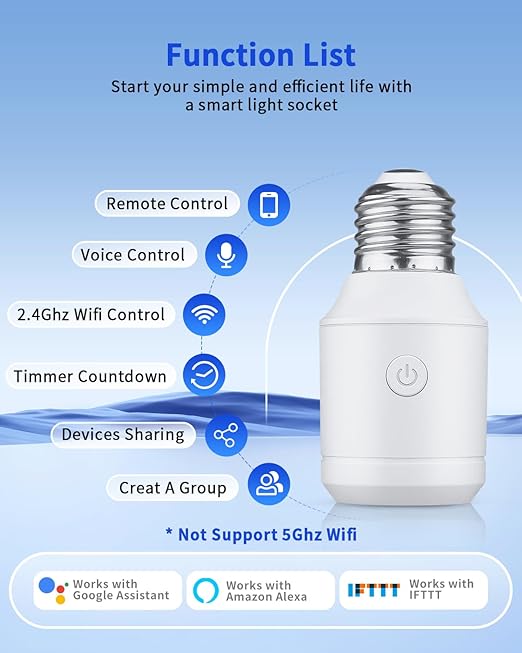 Remote Control Light Socket with Wifi(2.4G Only), Smart WiFi & Bluetooth & RF433 E26 E27 Light Bulb Adapter & Wireless Wall Switch, Remote and APP Control, Voice Control with Alexa and Google