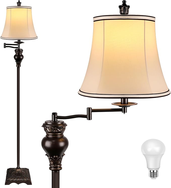 Vintage Floor Lamps for Living Room,Traditional 350° Adjustable Swing Arm Farmhouse Floor Lamp for Bedroom, Rustic Standing Lamp Pole Lamps for Reading, Home Décor and Office, Brown