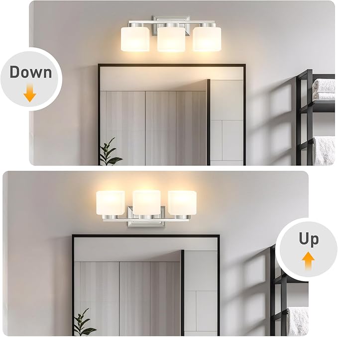 3-Light Bathroom Light Fixtures - Brushed Nickel Bathroom Vanity Lights with Glass Shade Modern Bathroom Lighting Fixtures Over Mirror - Wall Sconce Lamps for Bedroom,Living Room,Hallway