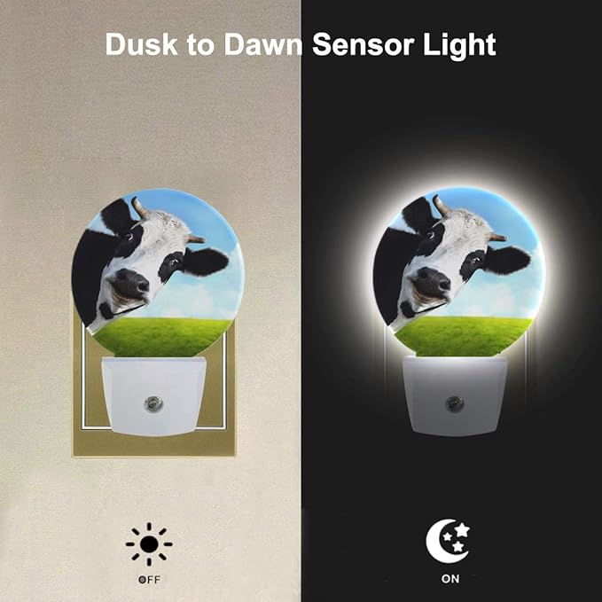 EKOBLA Milk Cow Night Light Farm Animal Black and White Cow Green Grass Blue Sky Night Lights Plug into Wall Auto on/Off Led Nightlight for Bedroom Bathroom Living Room Kitchen Hallway